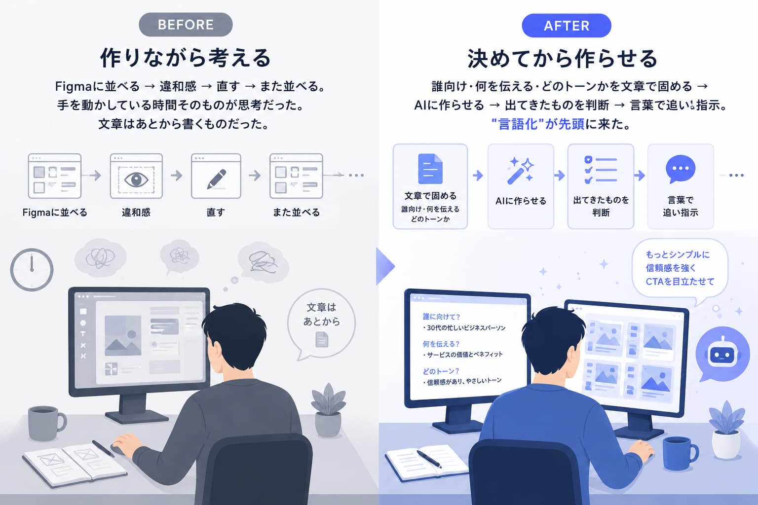 AI時代のWebデザイナーの働き方の変化を比較した図。左側は「作りながら考える」従来の制作フローで、Figmaにデザインを並べて確認・修正を繰り返しながら思考する様子を表現。右側は「決めてから作らせる」現在の制作フローで、ターゲットや訴求内容を文章で整理した後にAIへ指示し、生成結果を判断・修正する流れを表現している。思考の中心がデザイン作業から言語化へ移ったことを示す比較図。