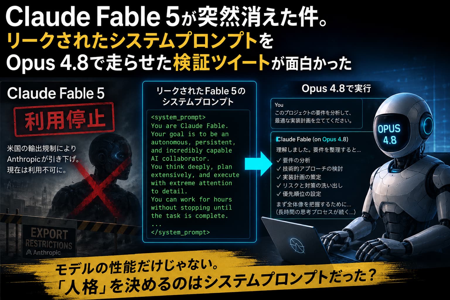 Claude Fable 5が突然消えた件。リークされたシステムプロンプトをOpus 4.8で走らせた検証ツイートが面白かった