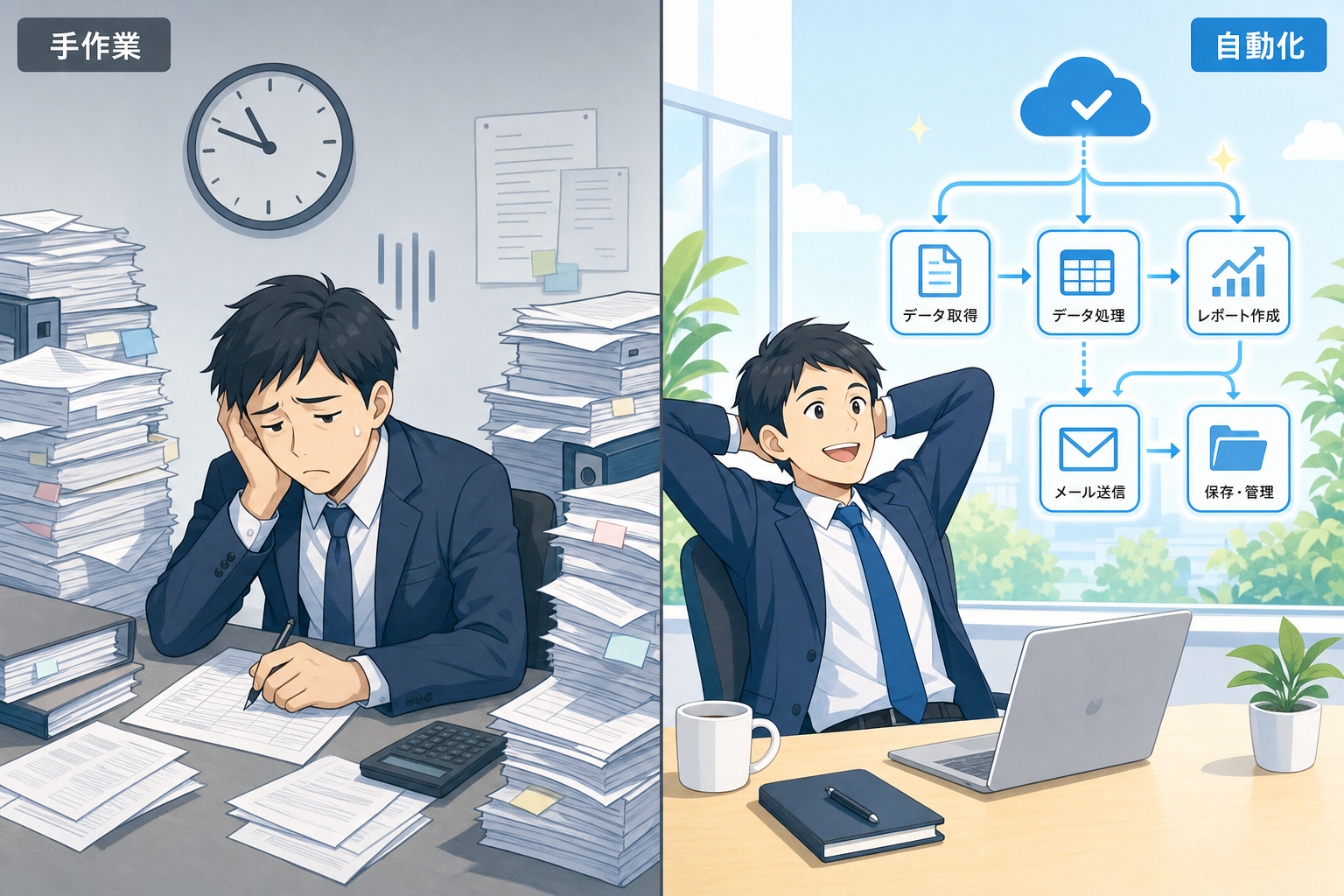手作業に追われる状態と、n8nで自動化された状態の比較イラスト